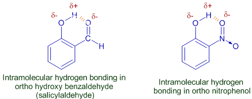 intra molecular hydrogen bonding in ortho hydroxy benzaldehyde and ortho nitro phenol
