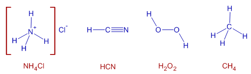 NH4Cl, HCN, H2O2, CH4 STRUCTURES