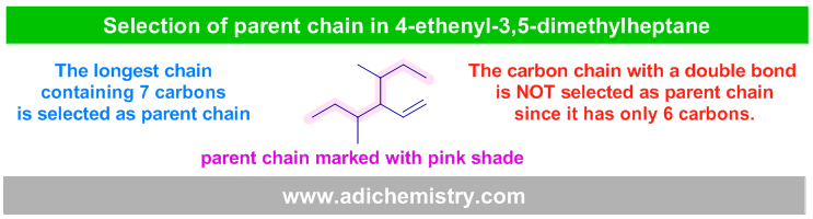 tricky selection of parent chain in 4-ethenyl-3,5-dimethylheptane