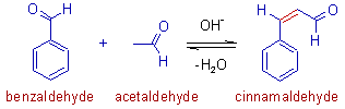 crossed aldol condensation between benzaldehyde and acetaldehyde to furnish cinnamaldehyde
