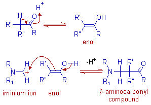 formation of enol and subsequent reaction with the iminium ion